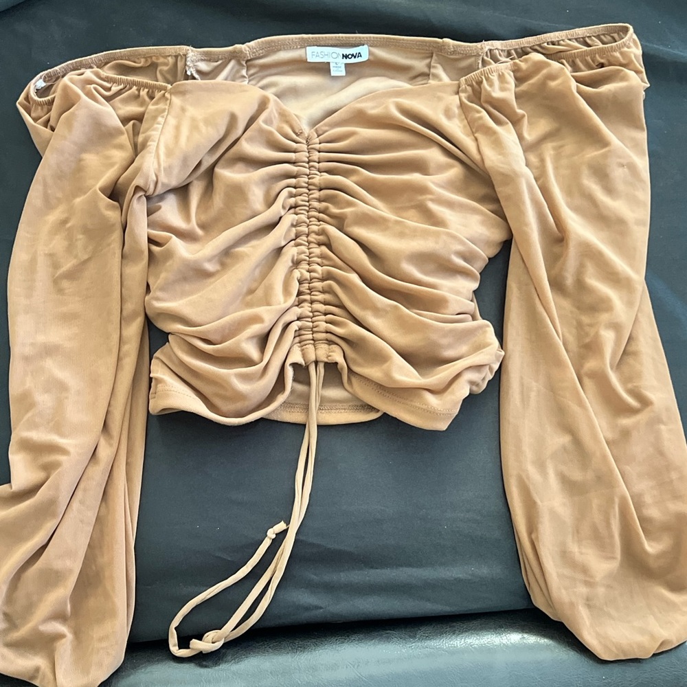 ruffled long sleeve shirt, light brown from fashion nova in a size large